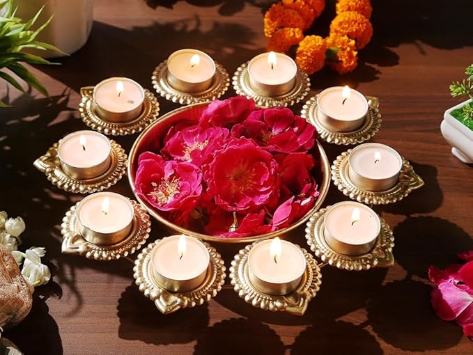 Urli Bowl with Flower Shape Diya Diwali Decoration🪔 (Gold Plated)