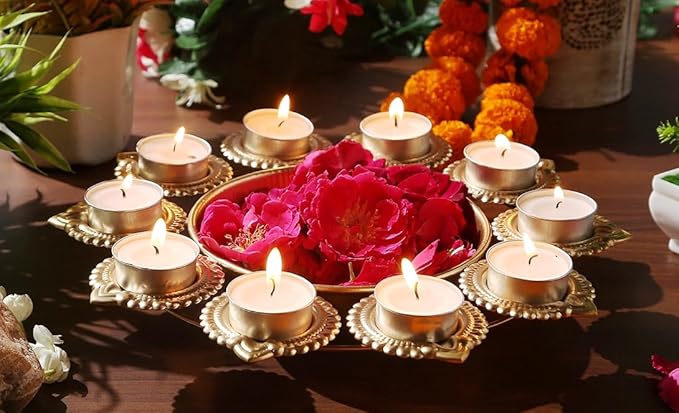 Urli Bowl with Flower Shape Diya Diwali Decoration🪔 (Gold Plated)