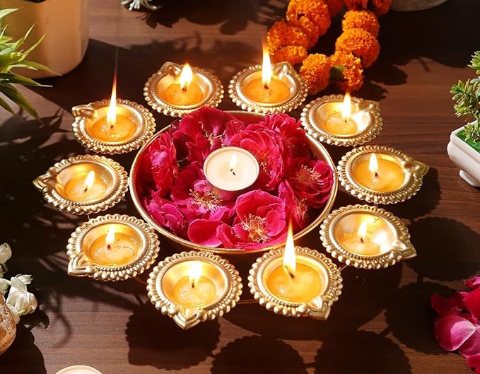 Urli Bowl with Flower Shape Diya Diwali Decoration🪔 (Gold Plated)